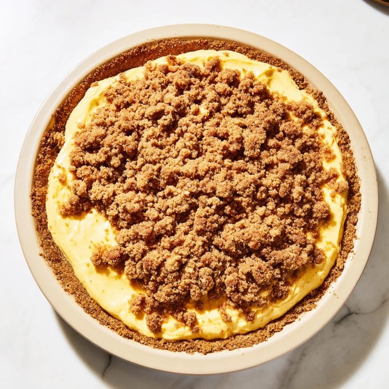 Buttery brown sugar crumble topping generously blankets this baked pumpkin crisp, promising delicious sweetness.