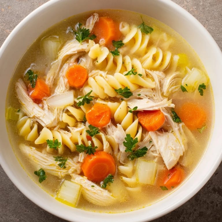 A close-up of savory Crockpot Chicken Noodle Soup served with fresh parsley garnish.