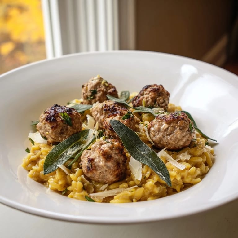 A close-up of steaming sage turkey meatballs served atop vibrant pumpkin orzo, ready to enjoy.