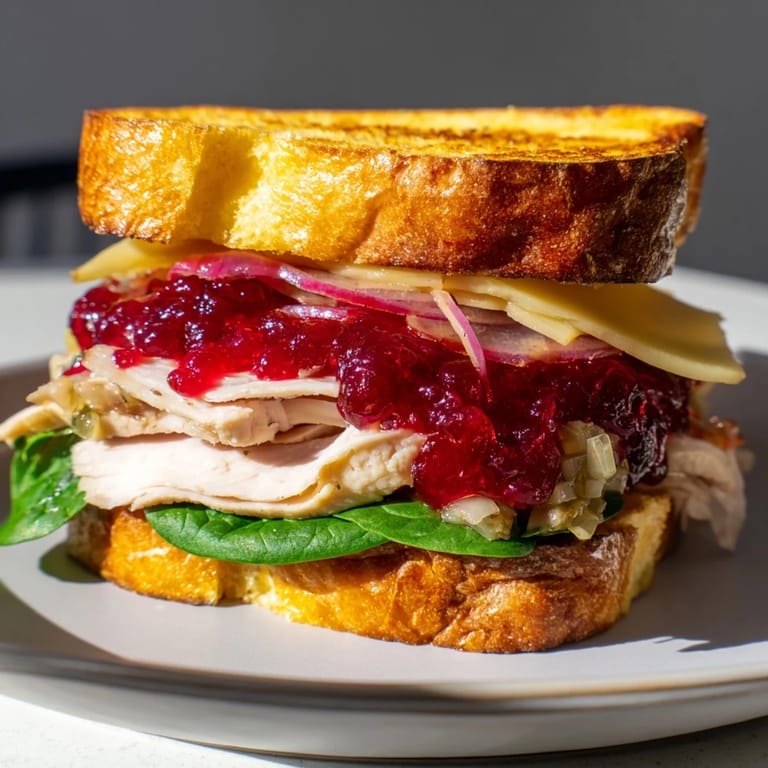 Melted cheddar cheese and stuffing filling a warm Budget Christmas Sandwich on Brioche, the perfect festive meal.