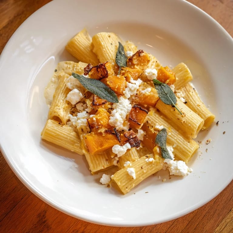 Enjoy a steaming bowl of delicious roasted butternut squash and sage goat cheese pasta, a cozy autumn meal.