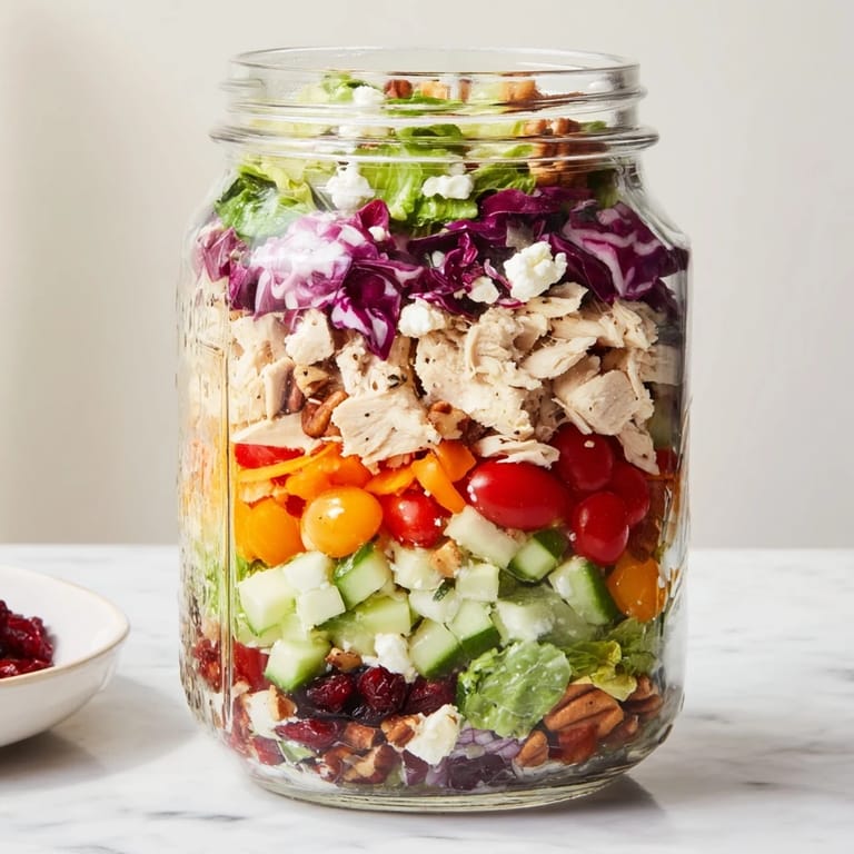 Vibrant Layered Holiday Chopped Chicken Salad Jar, featuring colorful veggies and juicy chicken for a festive lunch.