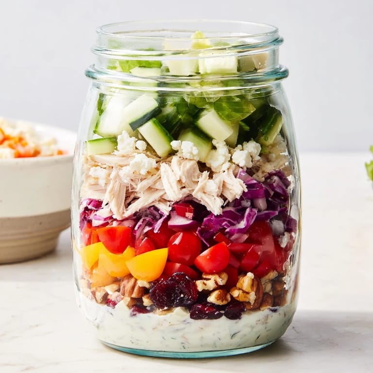 Mason jar overflowing with the delicious Layered Holiday Chopped Chicken Salad, perfect for a gluten-free and healthy meal.