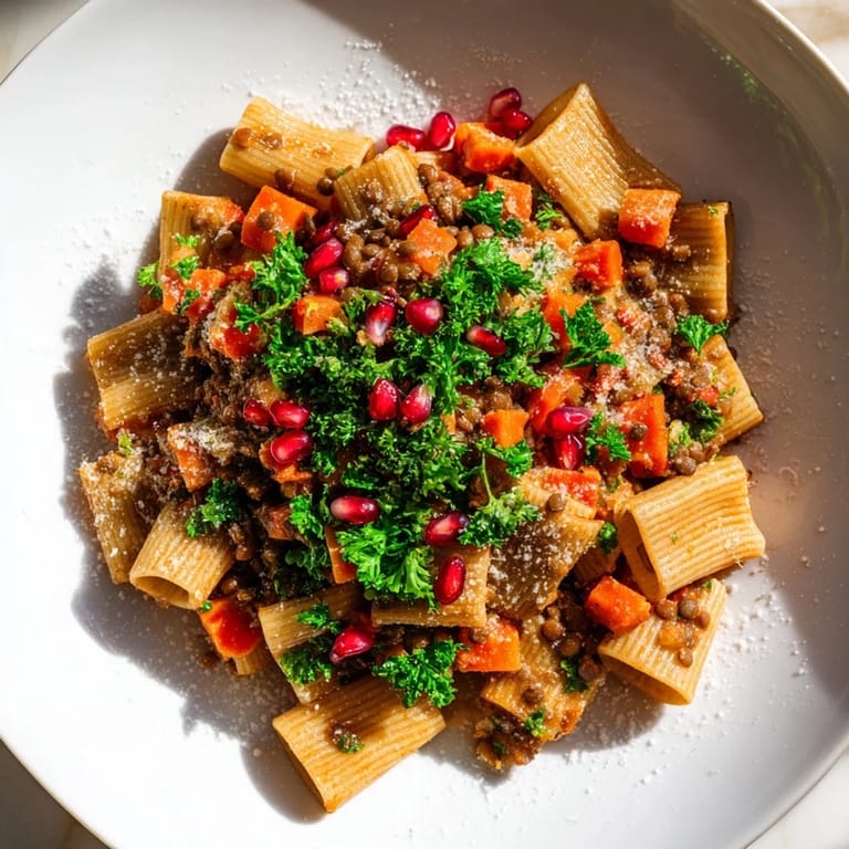 Close-up of hearty High-Fiber Lentil Bolognese, a rich, fragrant sauce served over whole wheat pasta.