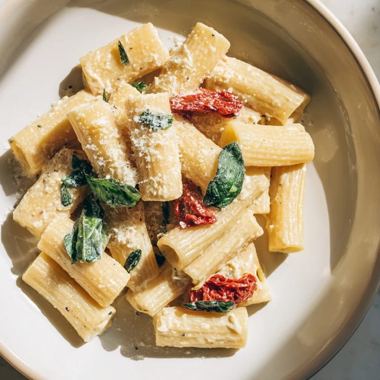 A steaming bowl of Creamy Sun-Dried Tomato Spinach Cottage Cheese Pasta, with hints of red pepper flakes, is shown here.