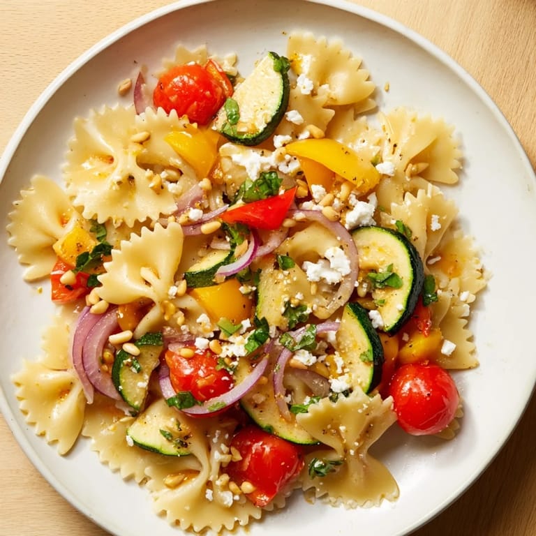 Tossed bow tie pasta with roasted vegetables and zesty dressing makes a beautiful Festive Bow Tie Pasta dish.