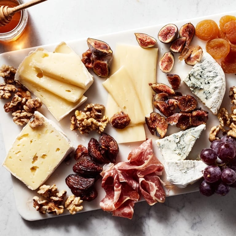 Vibrant Plateau des Rois Mages Gourmand appetizer: cheeses, dried fruits, and nuts arranged artfully for a gathering.