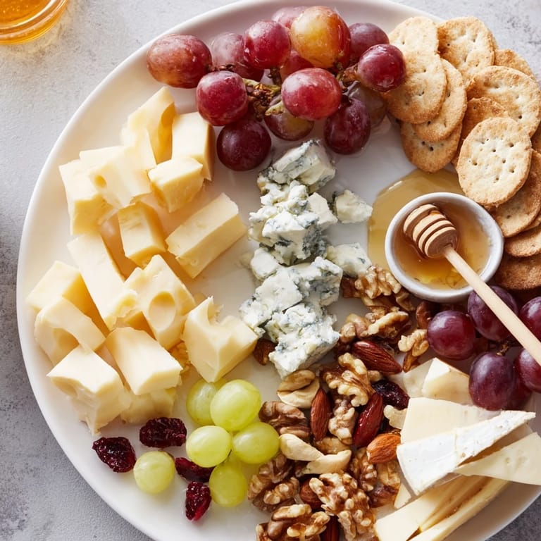 This festive Cheese Board features grapes, cranberries, and assorted cheeses for easy, elegant entertaining.
