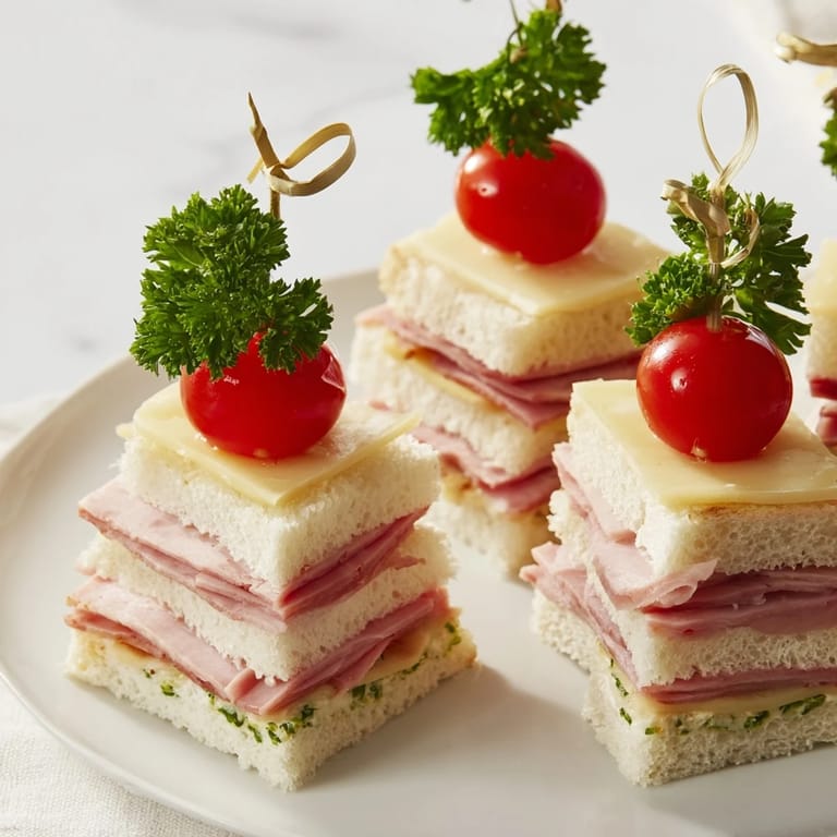 Festive Christmas tree-shaped Mini Sandwiches: Ham and Cheese, delicious bite-sized creations with a holiday flourish.