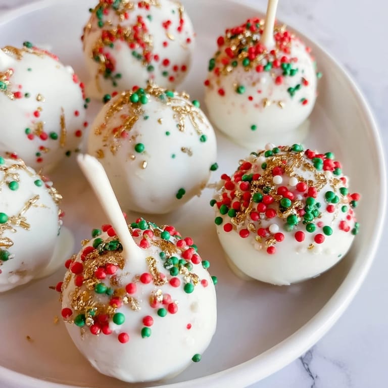 A close-up of festive Holiday Ornament Candy Balls, boasting drizzles of white chocolate and a pretzel hook.