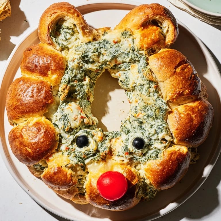 This savory, holiday Reindeer Antler Spinach Dip Ring image showcases a warm, bubbly, baked appetizer.