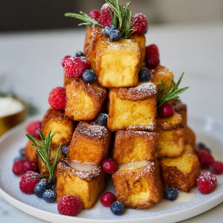 Crispy-edged Eggnog French Toast Bites, the perfect festive brunch recipe served with sugared berries.