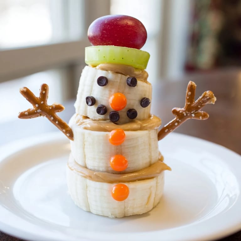 Holiday-themed Banana Peanut Butter Snowmen: a delicious, easy-to-make, and healthy children's treat.