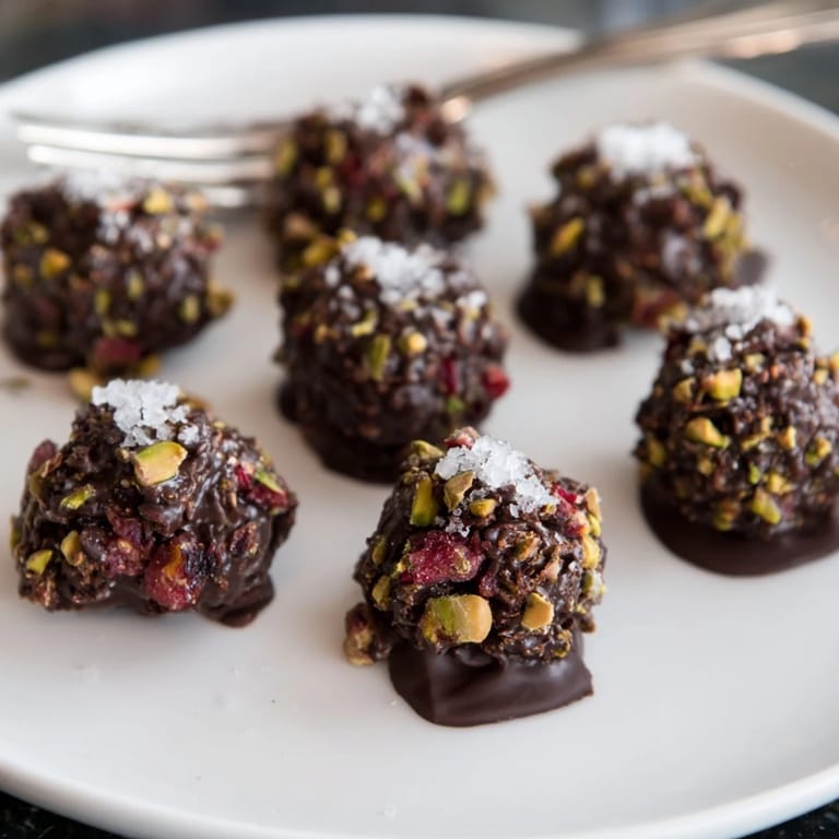 Close-up of decadent Pistachio and Dried Cranberry Clusters, glistening with melted chocolate, ready to enjoy.