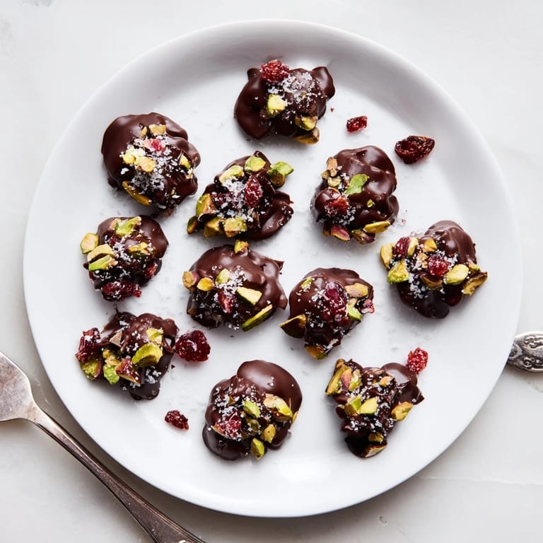 Beautifully arranged Pistachio and Dried Cranberry Clusters, showcasing the treat's festive, colorful ingredients.