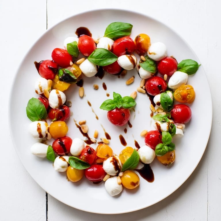 Vibrant cherry tomato and basil ring appetizer with creamy mozzarella, ready for sharing and serving.