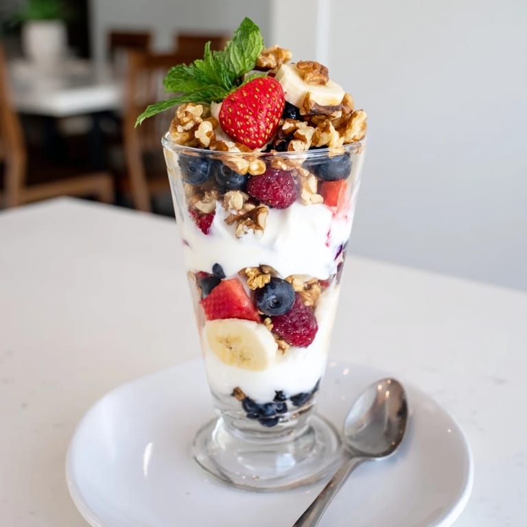 Golden granola and vibrant berries create beautiful Yogurt and Granola Parfait glasses, a delicious breakfast.