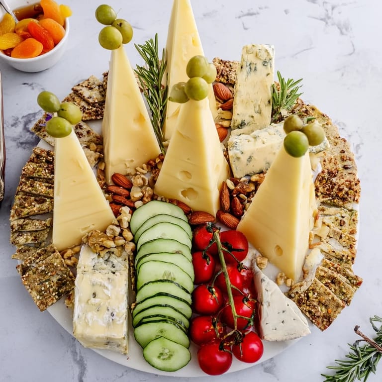 This "Sculptural Cheese Landscape" presents a visually appealing spread with hard cheeses and fresh fruit.