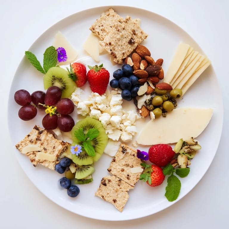 An overhead view reveals a stunning Negative Space Puzzle appetizer, filled with colorful fruits and cheeses.