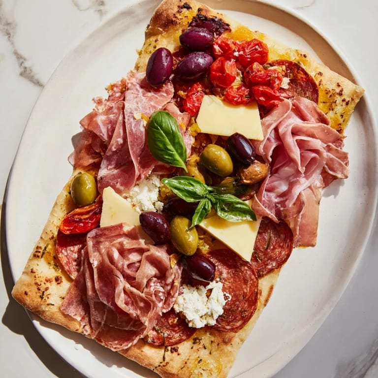 Shareable Rustic Raft flatbread appetizer featuring artisan bread brimming with delicious charcuterie and cheese.