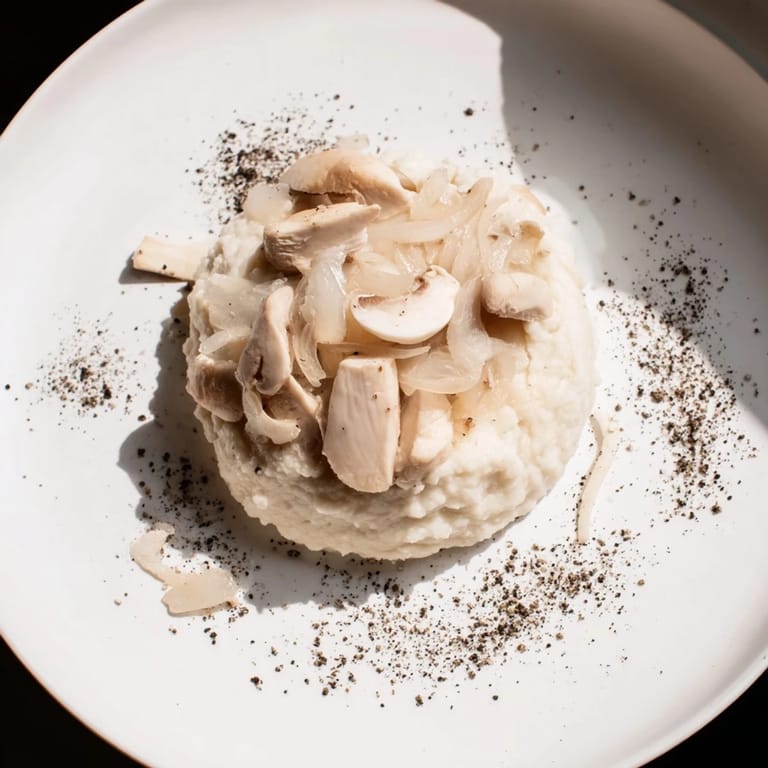 A beautifully styled Ghostly Gala, featuring white chicken, purée, and mushrooms with black pepper accents.