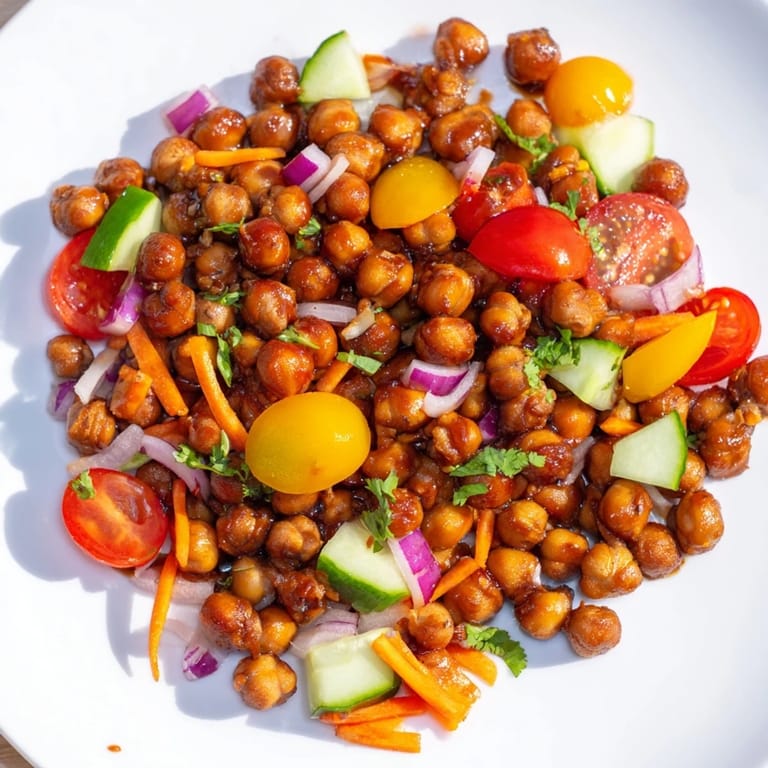 This photo features delicious BBQ chickpea salad, with glistening chickpeas mixed with fresh vegetables.