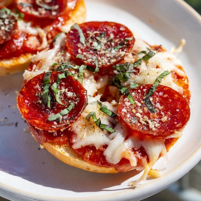 Warm, cheesy mini pepperoni pizza bagels served with fresh basil—a bite-sized American favorite.