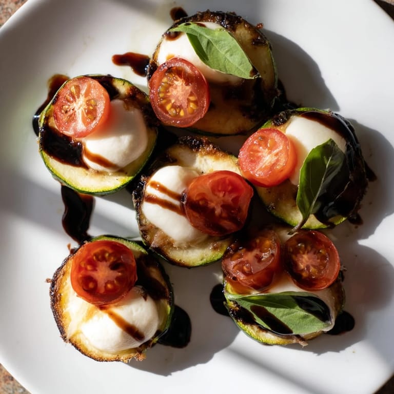 Delectable Zucchini Caprese Bites, a vegetarian appetizer featuring colorful cherry tomatoes and creamy mozzarella.