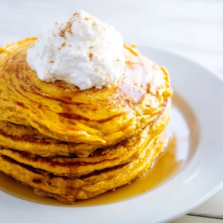 Warm, inviting view of fluffy pumpkin spice pancakes, ideal for a comforting breakfast treat.