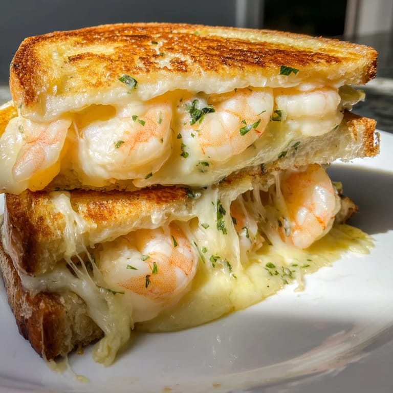 Mouthwatering Quick Shrimp Grilled Cheese, showing shrimp bursting from toasted sourdough with melted cheese.