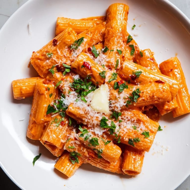 Enjoy flavorful Gigi Hadid-Style Spicy Rigatoni: creamy pasta, spicy tomato sauce, finished with grated Parmesan.