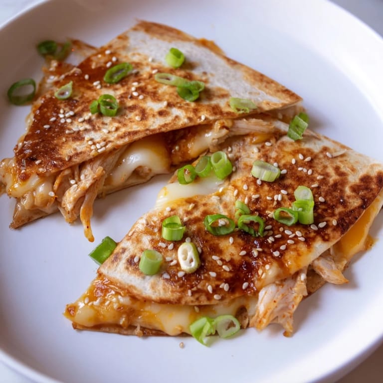 Crispy, golden-brown tortilla halves showcasing Korean BBQ Chicken Wrap Grilled Cheese's beautiful layers.
