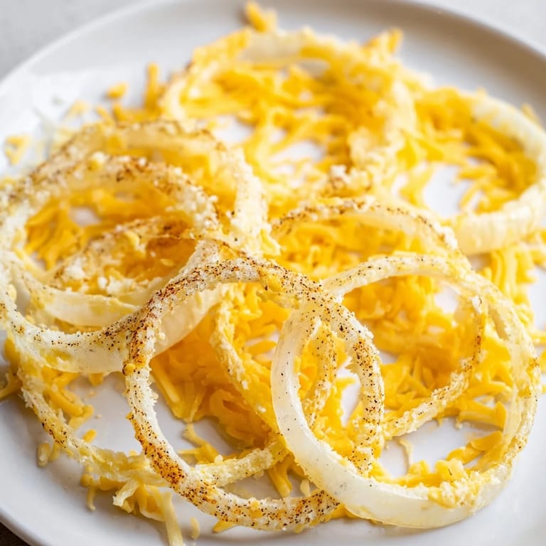 A close-up shot of air-fried Crispy Onion Cheese Chips, showing melted cheese and perfectly browned edges.