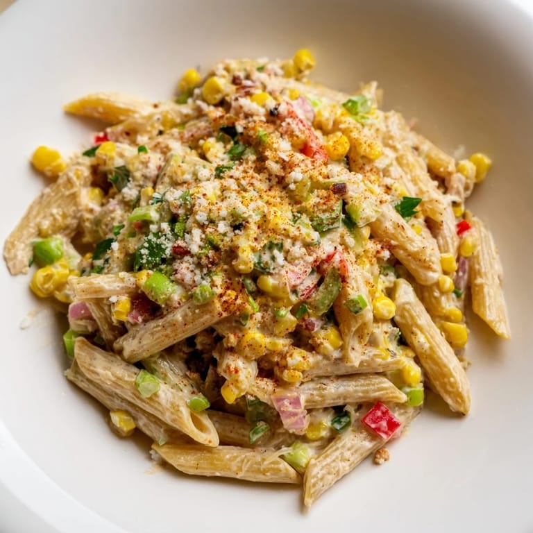 Creamy Mexican Street Corn Pasta salad featuring charred corn, cilantro, and cotija, ready to eat.