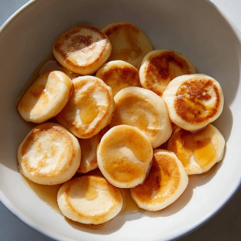 Tiny, delightful Fluffy Pancake Cereal swimming in a bowl of cold milk, waiting for you.