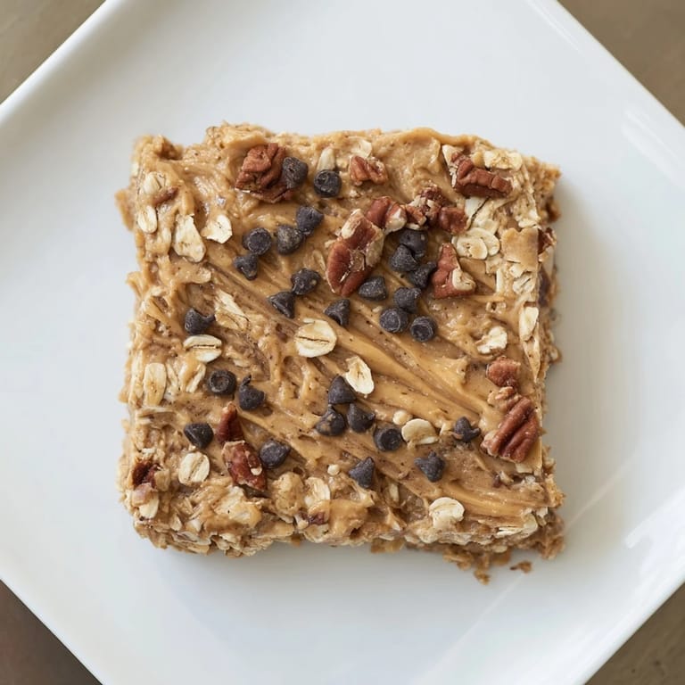 A close-up of a Peanut Butter Banana Oat Bar, ready to eat, with oats and chocolate chips.