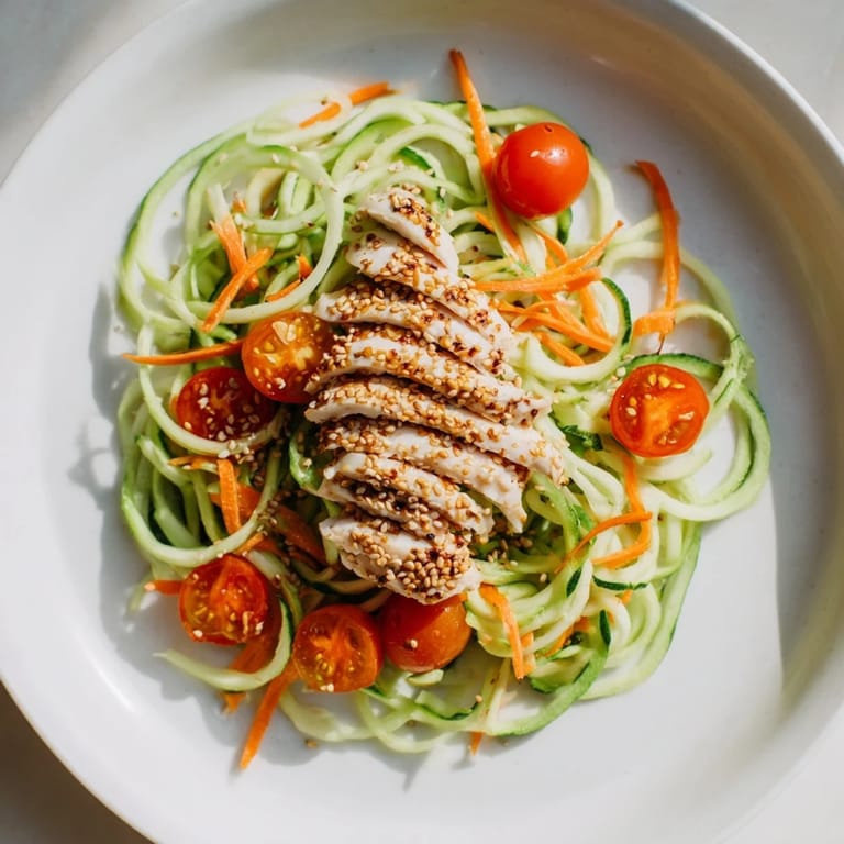 Fresh, colorful Protein Cucumber Salad features cool cucumbers, sliced chicken, and a drizzle of dressing.