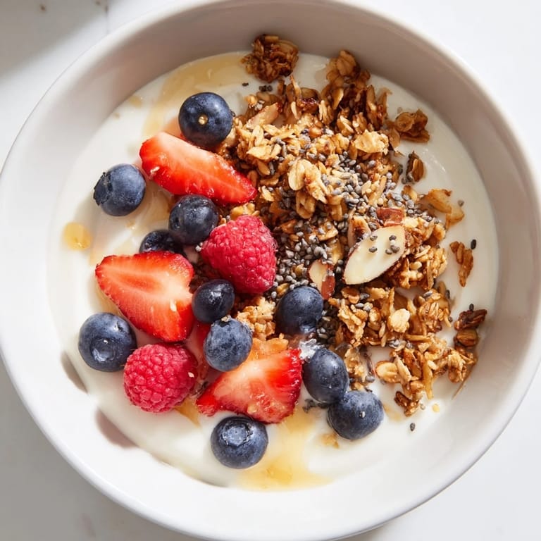 Visualize a healthy Dry Yogurt Bowl—a quick breakfast of protein-packed yogurt, granola, and colorful berries.