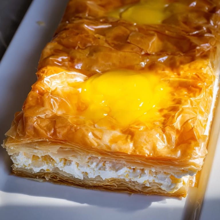 A close-up of a warm, fresh-baked Serbian Gibanica, showcasing perfectly layered phyllo pastry.