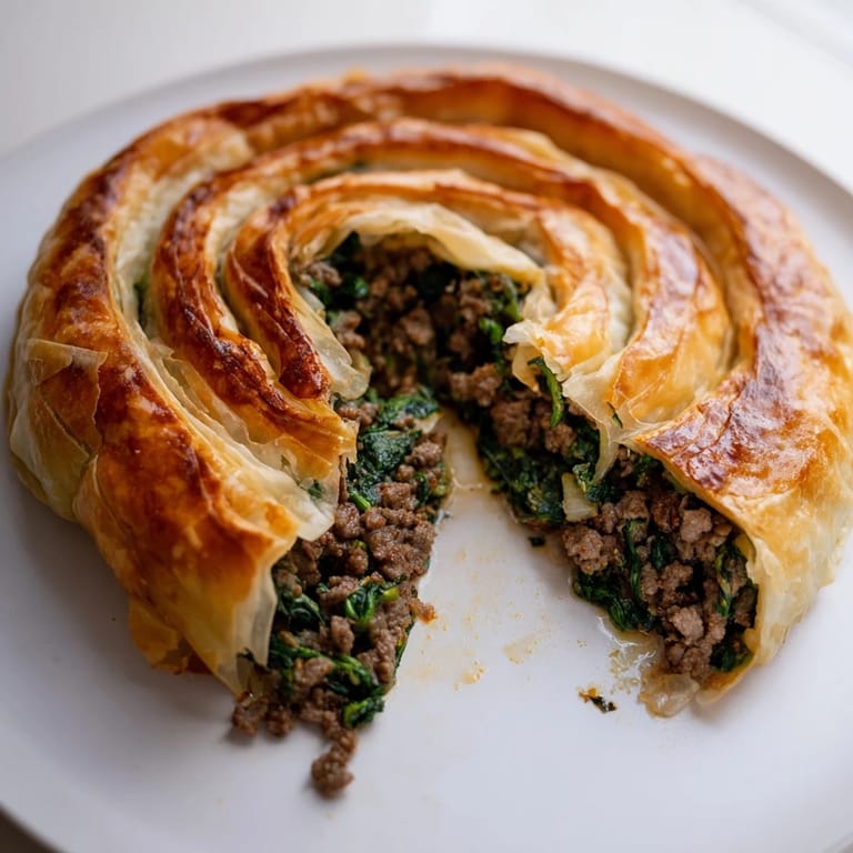 Crispy-edged Bosnian Burek, a Balkan delight, shows off its savory meat and spinach filling inside.