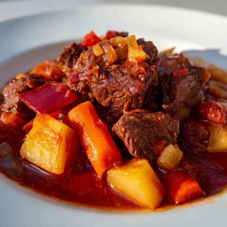 Close-up of a bubbling pot of Hungarian Goulash stew, smelling of paprika and simmering to perfection.