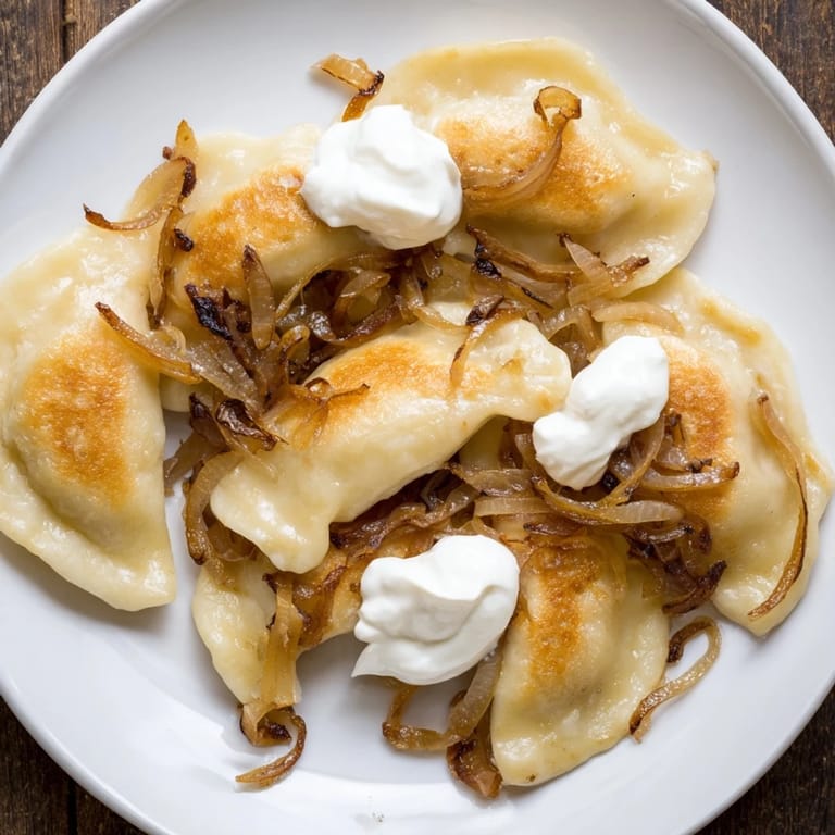 Delicious, pan-fried Polish pierogi offer a savory combination of potato, cheese, and sweet onions.