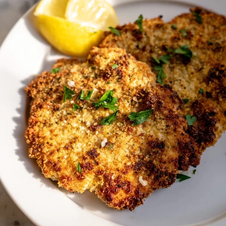 A plate of flavorful Parmesan chicken cutlet with a wonderfully crunchy coating, ideal for dinner.