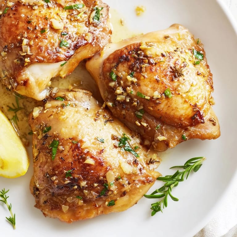 Succulent Garlic Butter Chicken Thighs, with herbs nestled inside the crispy skin, waiting to be served.