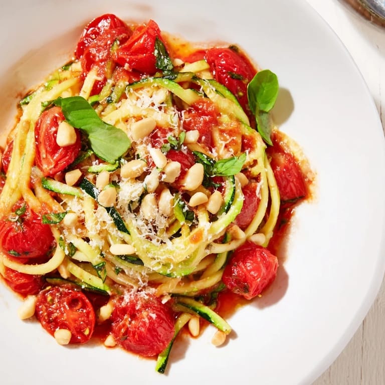 A close-up of colorful zucchini noodle variations, with creamy avocado pesto drizzled over the zoodles.