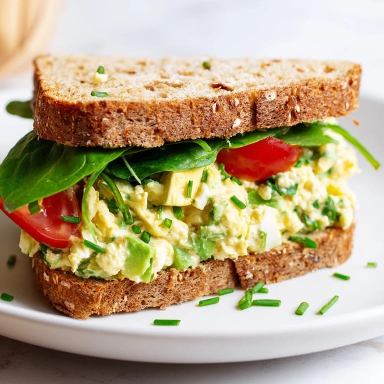 A close-up of an open-faced Avocado Egg Salad Sandwich, featuring bright green avocado mash and soft-boiled eggs.  