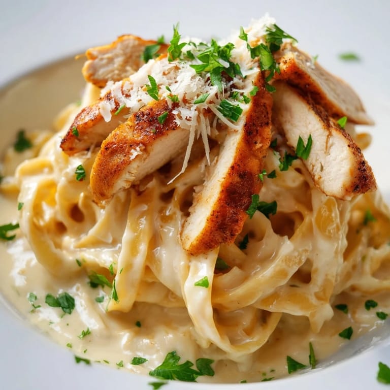 Fettuccine swimming in rich, garlicky Alfredo sauce topped with sliced Cajun chicken, ideal for a comforting weeknight family dinner.