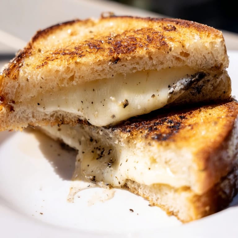 A rustic plate featuring a sliced Truffle Grilled Cheese, revealing layers of melty cheese and aromatic truffle oil.