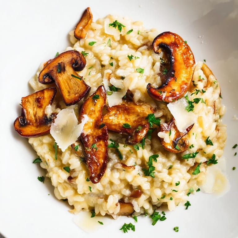Golden roasted mushrooms and creamy Arborio rice make this Roasted Mushroom Risotto a comforting Italian main dish.  