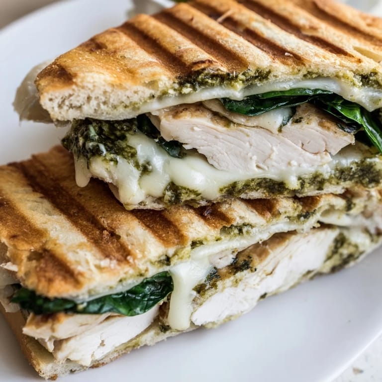 A close-up view of a halved Chicken Pesto Panini revealing juicy chicken and gooey cheese, served on a rustic board.